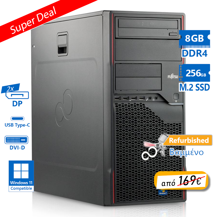 Fujitsu P958 Tower i5-8500/8GB DDR4/256GB M.2 SSD/No ODD/Grade A+ Refurbished PC
