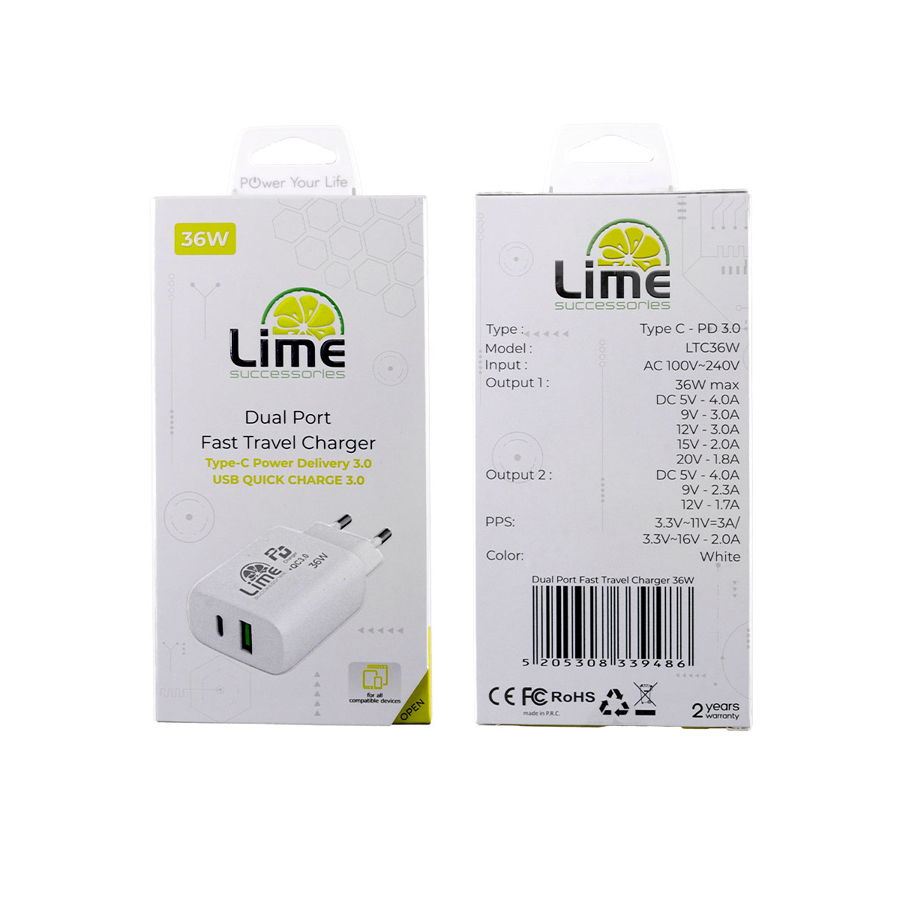 Universal Type-C PD 3.0 Dual Super Fast Travel Wall Charger 36W 4.0A & USB QC 3.0 21W max 36W Lime L - Image 2
