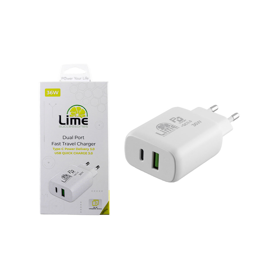 Universal Type-C PD 3.0 Dual Super Fast Travel Wall Charger 36W 4.0A & USB QC 3.0 21W max 36W Lime L - Image 3