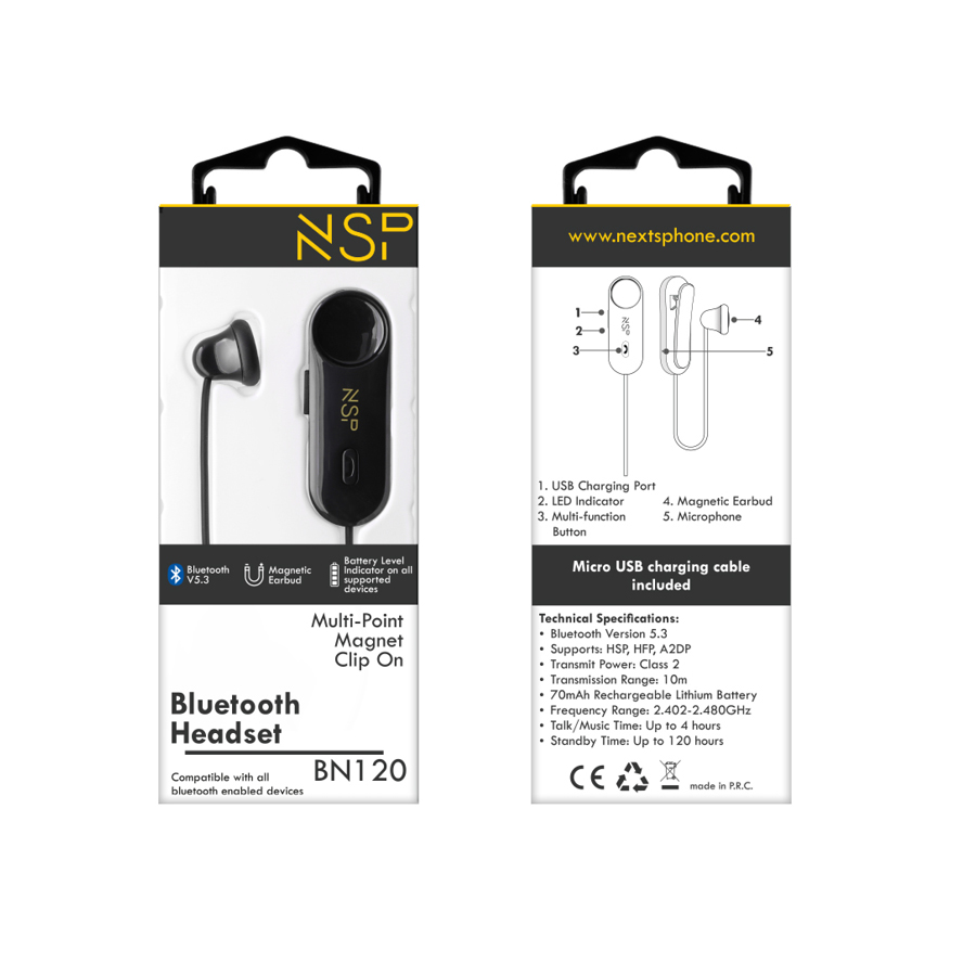 Ακουστικό Bluetooth V5.3 με μικρόφωνο και Magnet Clip (2 Devices) NSP BN120 - Image 2