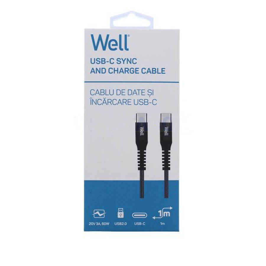 Καλώδιο Type-C σε Type-C - Data 1m 3A 60W Μαύρο Well CABLE-USBC/USBC-1BK6001-WL - Image 2
