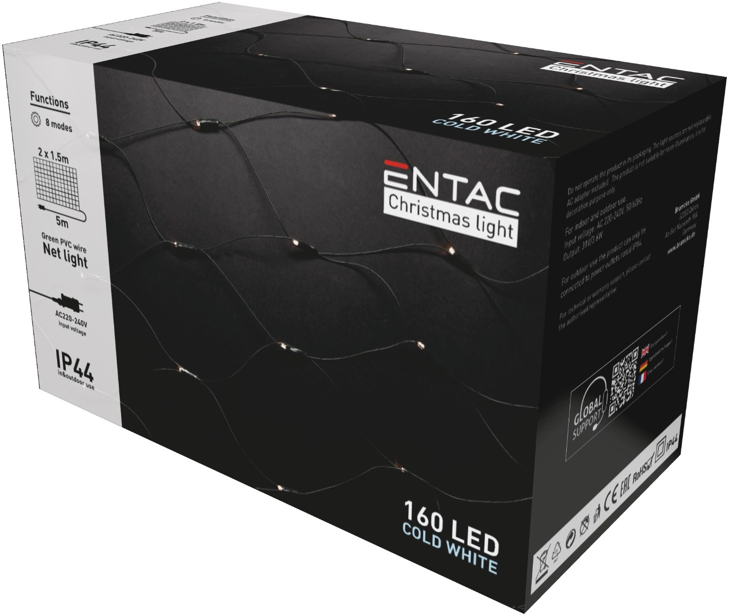 Entac Χριστουγεννιάτικα Λαμπάκια IP44 Net 160 LED 2x1.5m Ψυχρό Λευκό Entac