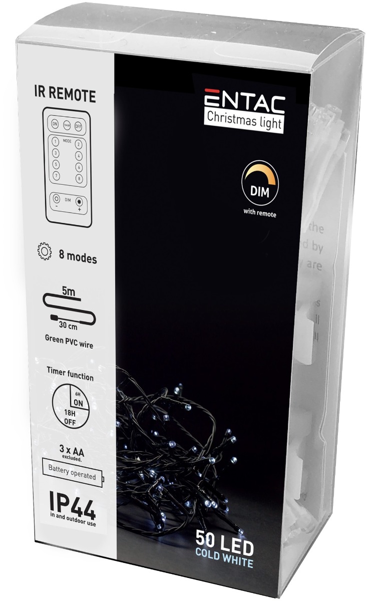 Entac Χριστουγεννιάτικα Λαμπάκια IP44 50 LED Ψυχρό 5m με τηλεχειριστήριο (3xAA Δεν περιλαμβ.) Entac