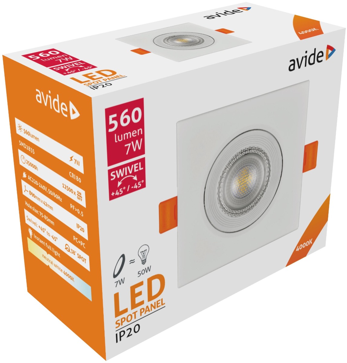 Avide LED Χωνευτό Σπότ 38° Τετράγωνο 7W Λευκό 4000K Avide
