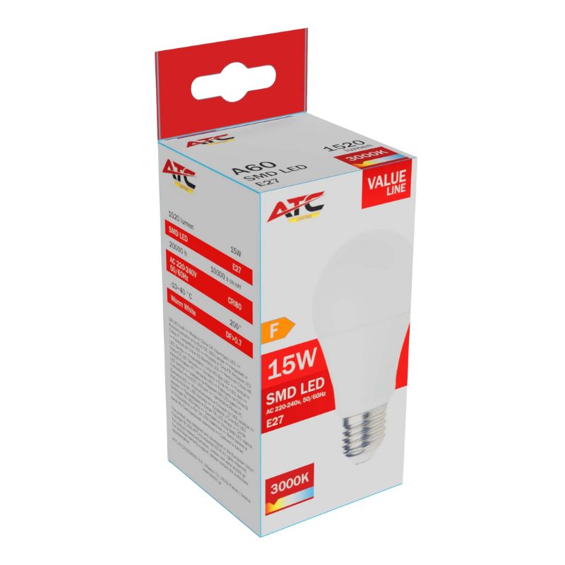 ATC SMD LED Λαμπτήρας A60 230V 15W/1520LM E27 3000K Atc
