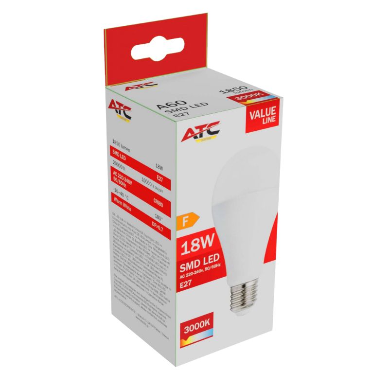 ATC SMD LED Λαμπτήρας A65 230V 18W/1850LM E27 3000K Atc