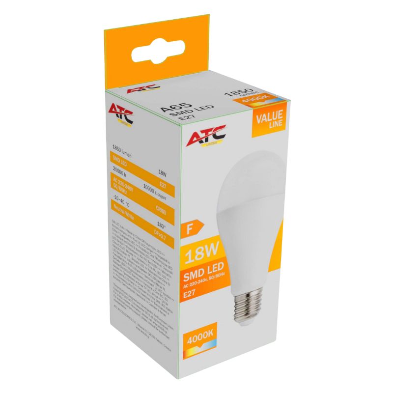 ATC SMD LED Λαμπτήρας A65 230V 18W/1850LM E27 4000K Atc