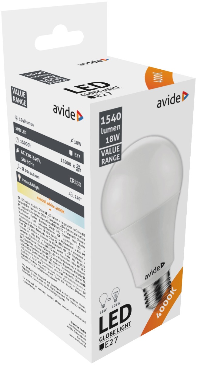 Avide LED Κοινή 18W E27 Λευκό 4000K Value Avide