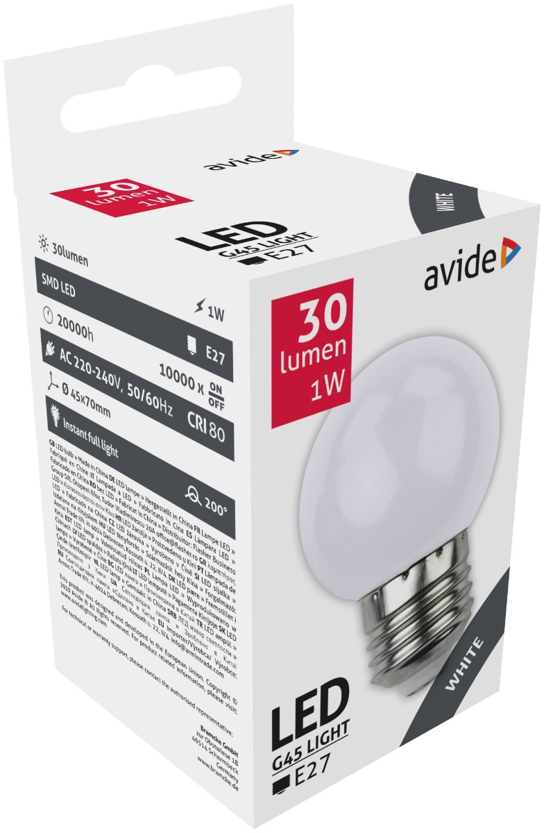 Avide LED Διακοσμητική Λάμπα G45 1W E27 Άσπρο Avide