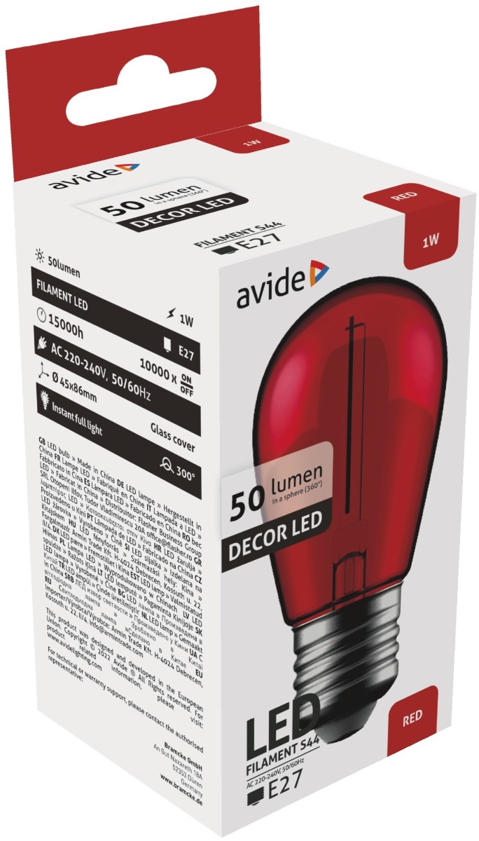 Avide LED Διακοσμητική Λάμπα Filament 1W E27 Κόκκινο Avide