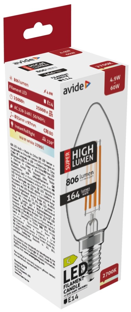 Avide LED Filament Κερί 4.9W E14 Θερμό 2700K Super Υψηλής Φωτεινότητας Avide
