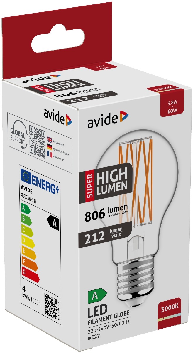 Avide LED Filament Κοινή 3.8W E27 Θερμό 3000K Super Υψηλής Φωτεινότητας Avide