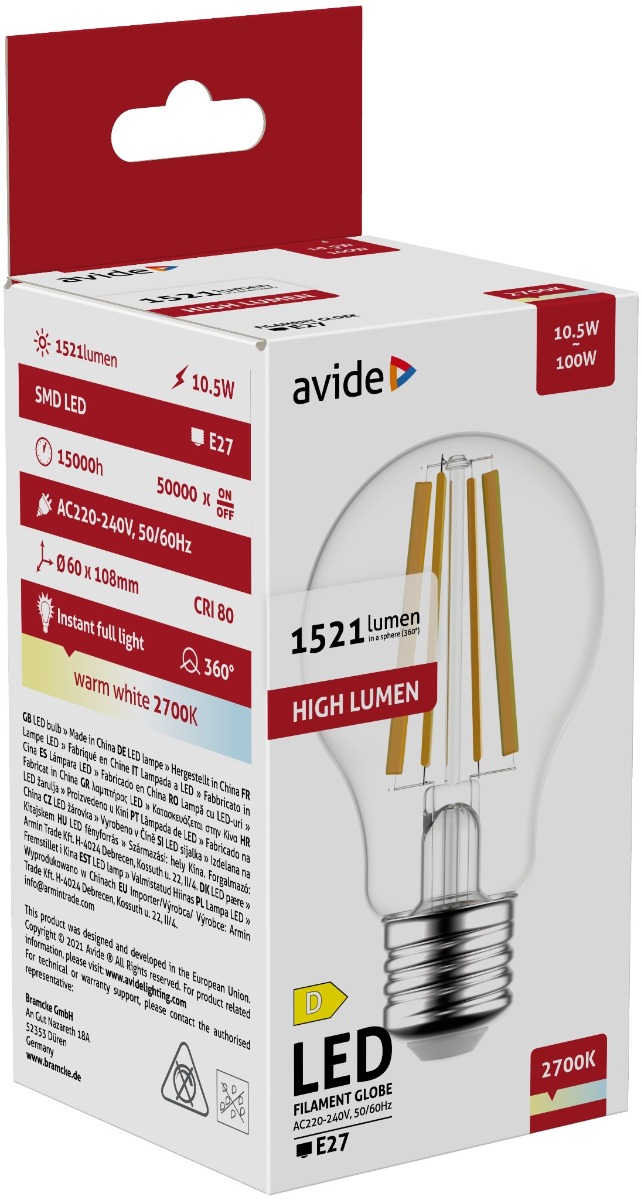 Avide LED Filament Κοινή 10.5W E27 A65 360° Θερμό 2700K Υψηλής Φωτεινότητας Avide