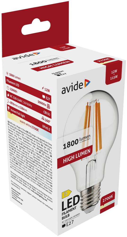 Avide LED Filament Κοινή 12W E27 A65 360° Θερμό 2700K Υψηλής Φωτεινότητας Avide