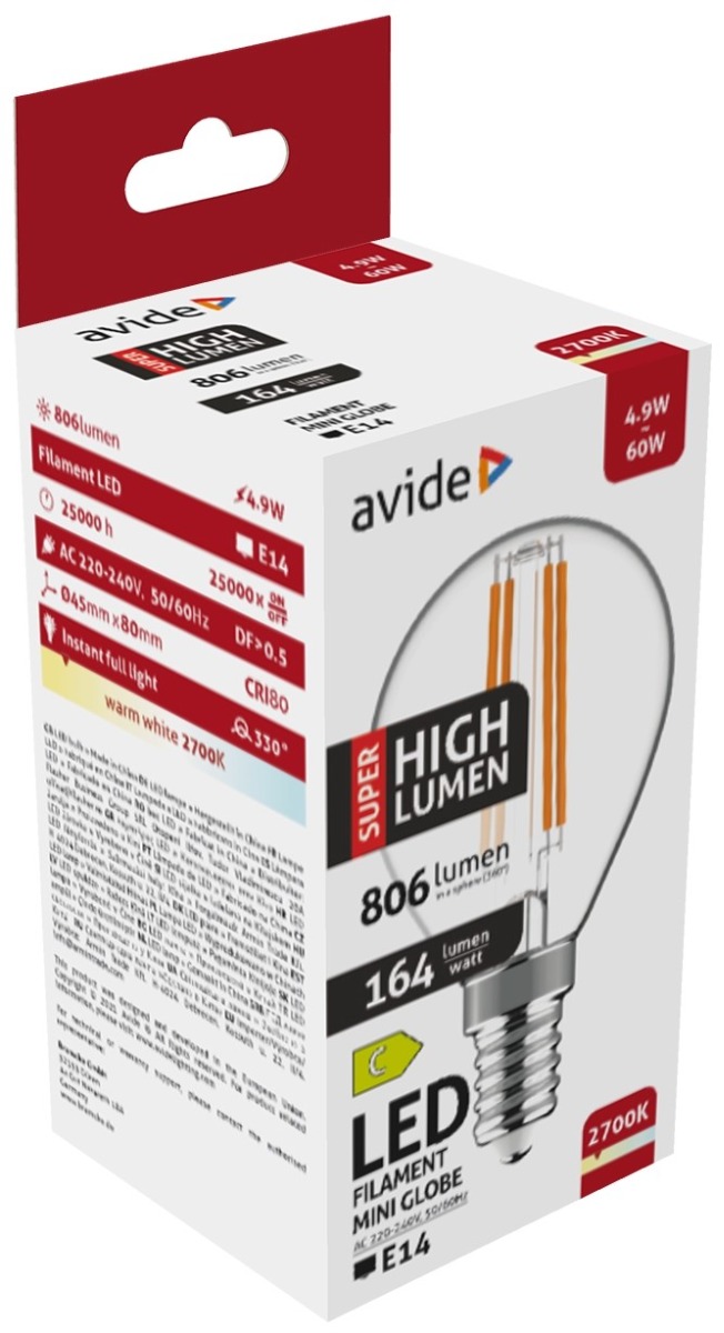 Avide LED Filament Σφαιρική 4.9W E14 Θερμό 2700K Super Υψηλής Φωτεινότητας Avide
