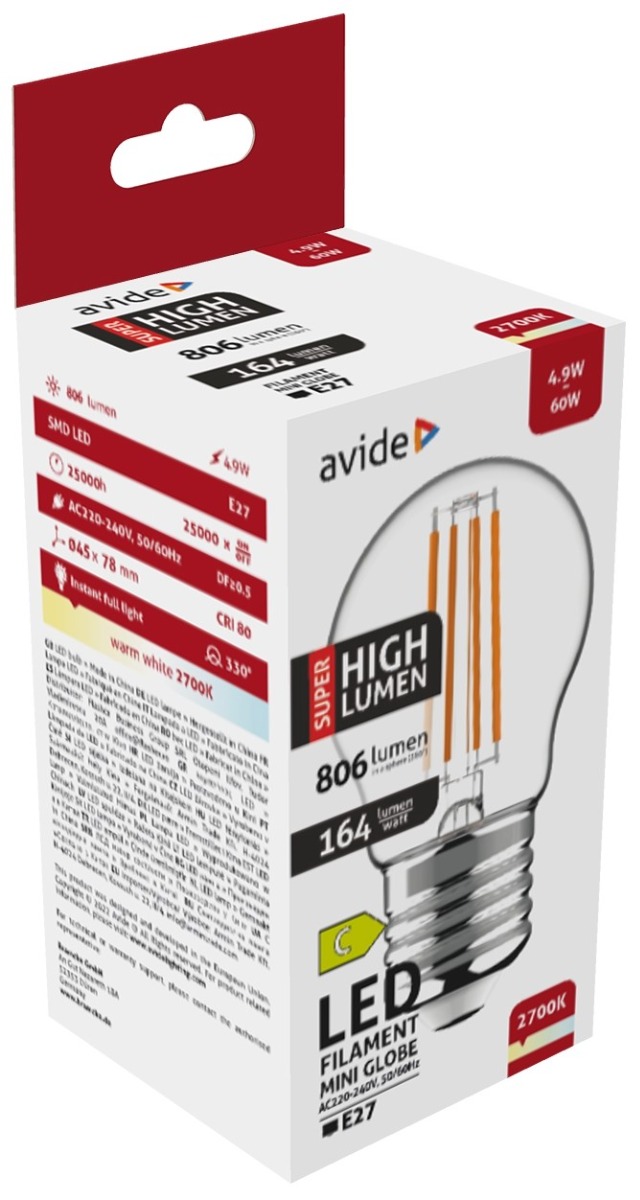 Avide LED Filament Σφαιρική 4.9W E27 Θερμό 2700K Super Υψηλής Φωτεινότητας Avide