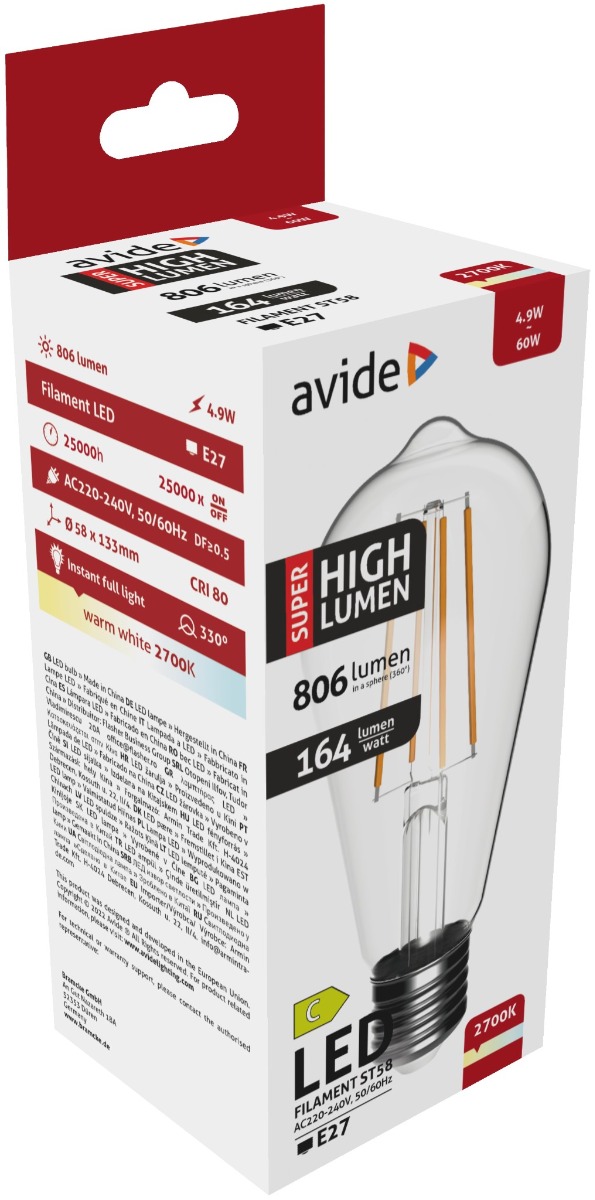 Avide LED Filament ST58 4.9W E27 Θερμό 2700K Super Υψηλής Φωτεινότητας Avide