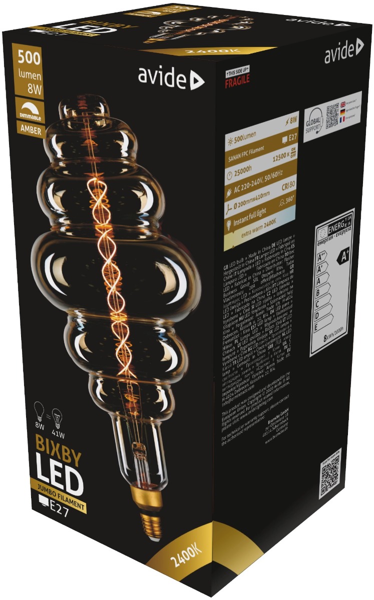 Avide LED Jumbo Bixby Κεχριμπάρι 8W E27 2400K Ντιμαριζόμενο 200x410mm Avide