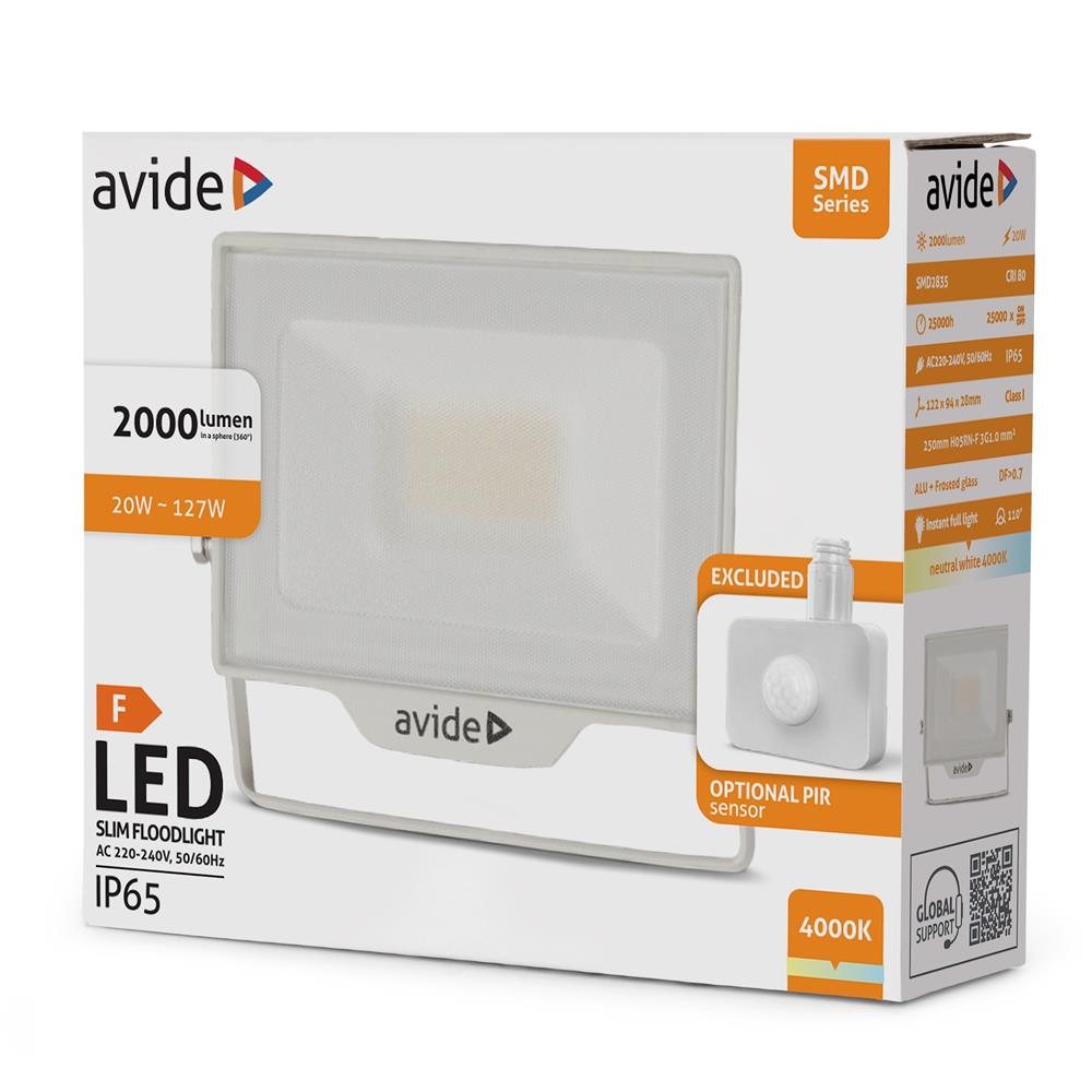 Avide Προβολέας LED SMD 20W NW 4000K με Δυνατότητα Προσθήκης Αισθητήρα PIR Λευκό Avide