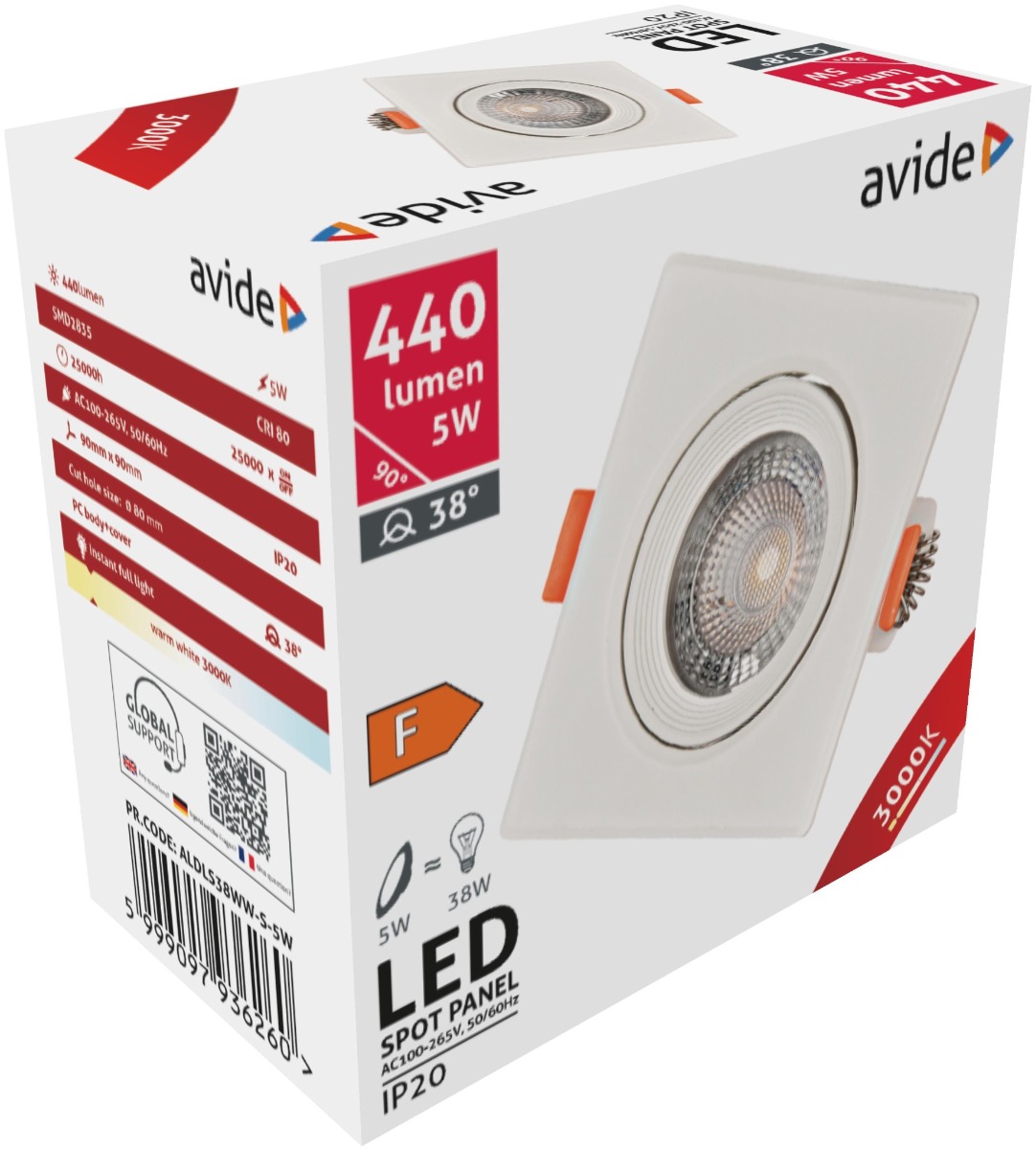 Avide LED Χωνευτό Σπότ 38° Τετράγωνο 5W Θερμό 3000K Avide