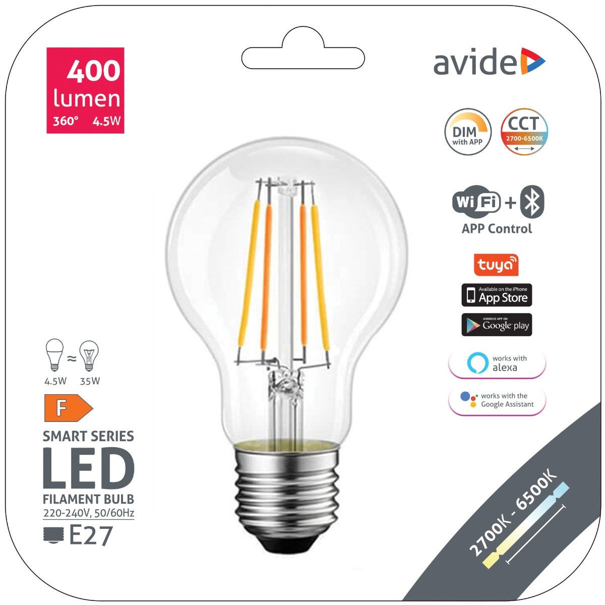 Avide LED Smart Filament Κοινή A60 4.5W CCT WIFI + BLE APP Control Avide