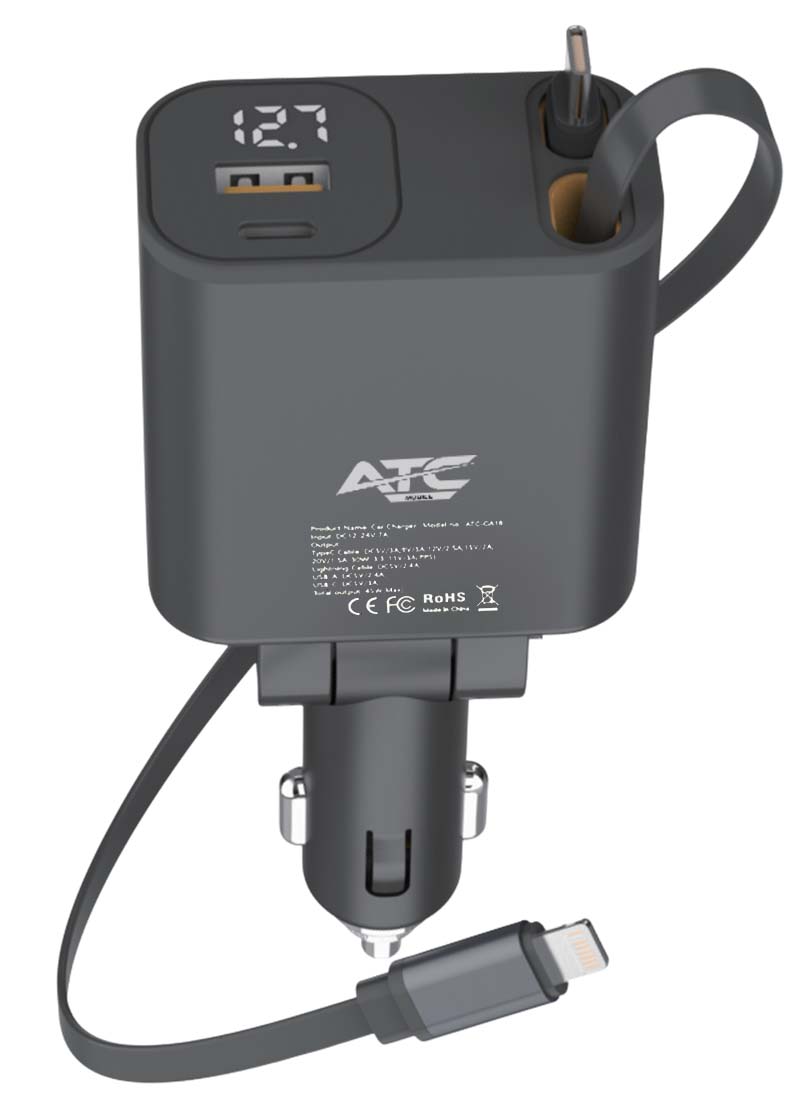CA16 Φορτιστής Αυτοκινήτου 45W USB-A & Type-C με Επεκτεινόμενο Καλώδιο Lightning & Type-C Atc