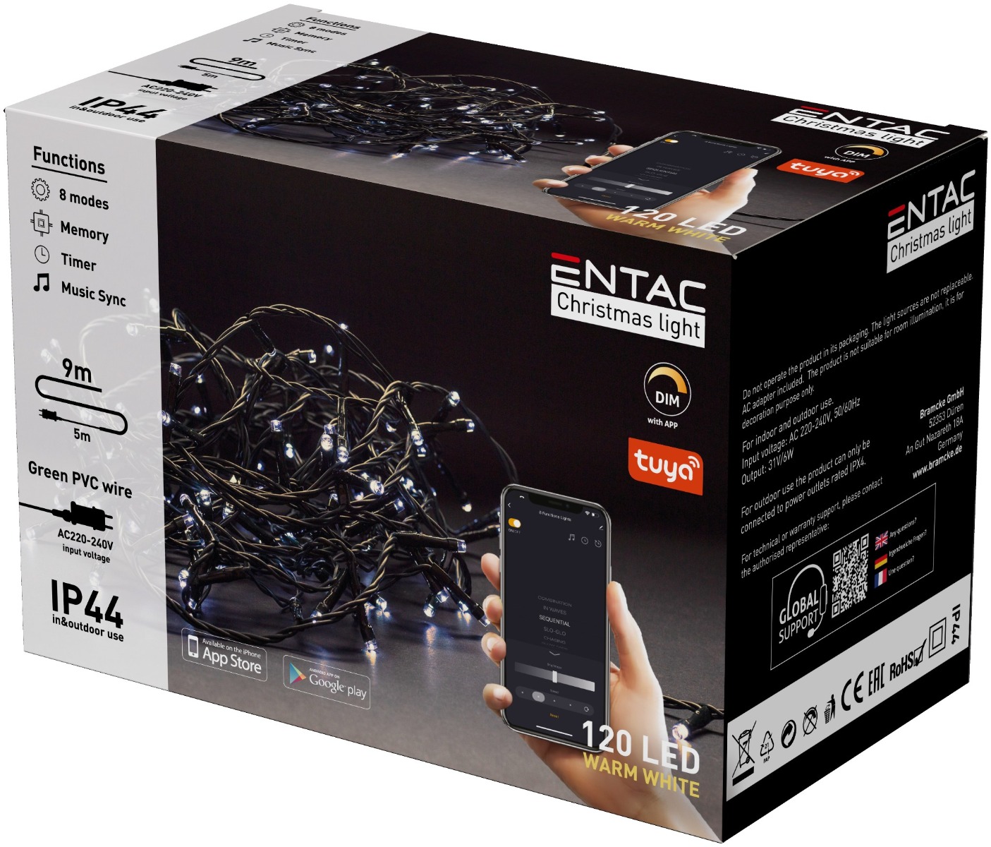 Entac Χριστουγεννιάτικα Λαμπάκια IP44 120 LED Θερμό 9m Tuya Entac