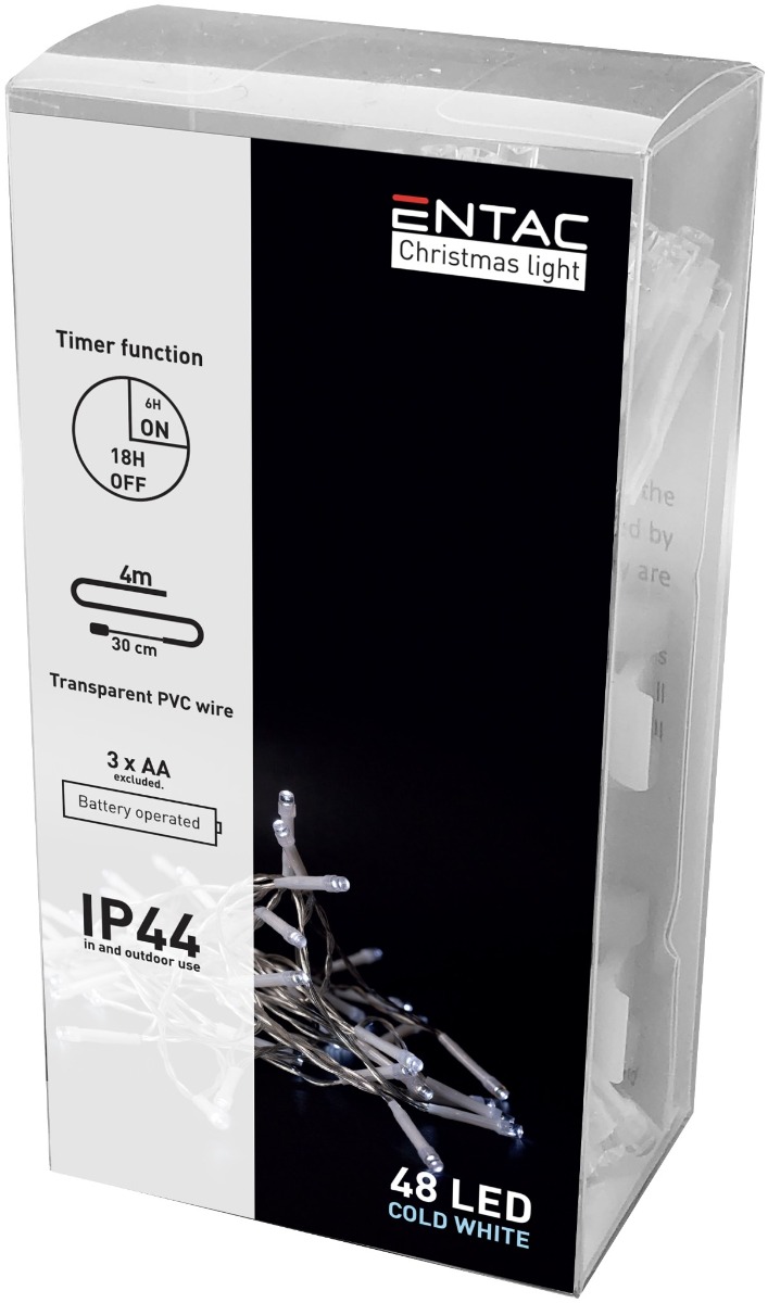Entac Χριστουγεννιάτικα Λαμπάκια IP44 48 LED με Χρονοδιακόπτη Ψυχρό 4m Entac