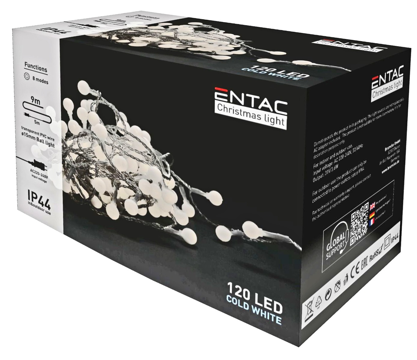 Entac Χριστουγεννιάτικα Λαμπάκια IP44 120 LED 15mm Μπάλες Ψυχρό 9m Entac