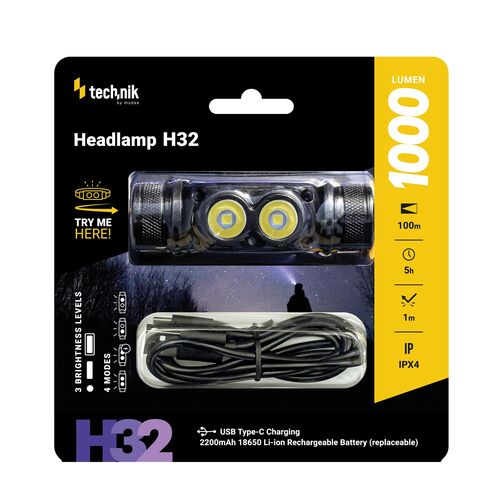 Technik Φακός Κεφαλής H32 με Μπαταρία 1x18650 OSRAM P9 & USB-C 1000lm Technik