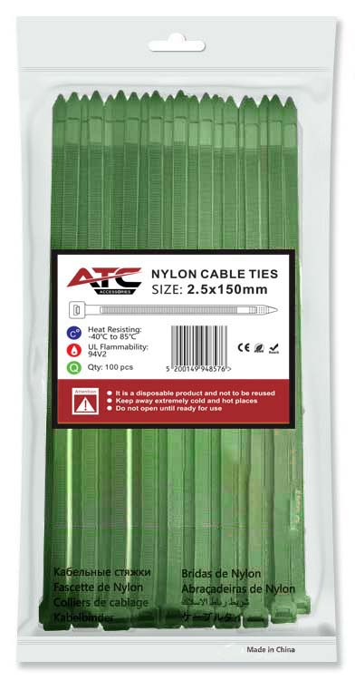 ATC Δεματικά 2.5x150mm Νάιλον Πράσινο 100τμχ Σακουλάκι Atc